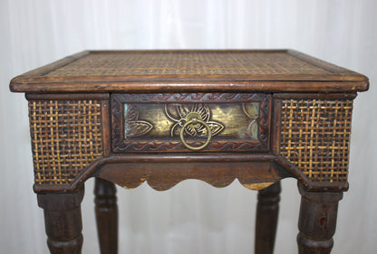 Vintage Wicker Side Table with Brass Decorative Plate – 15" Tall, 13" Wide