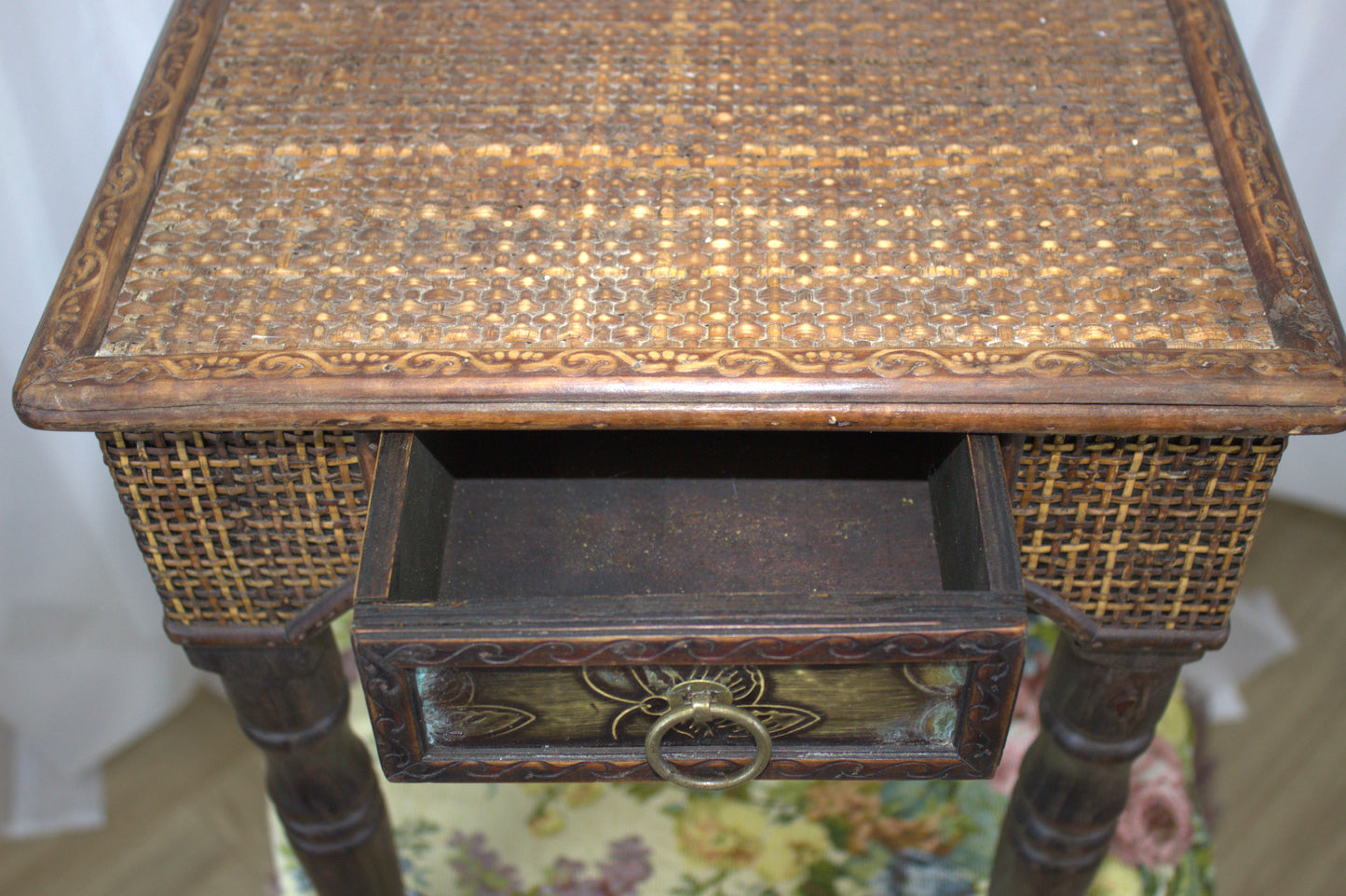 Vintage Wicker Side Table with Brass Decorative Plate – 15" Tall, 13" Wide