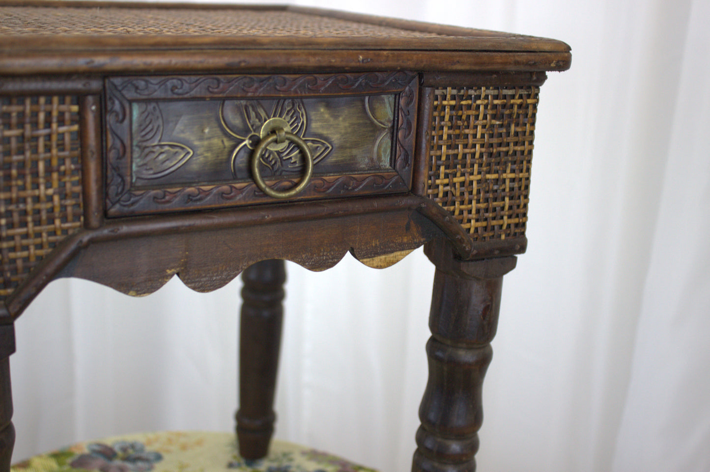 Vintage Wicker Side Table with Brass Decorative Plate – 15" Tall, 13" Wide