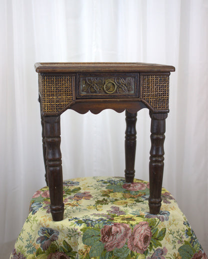 Vintage Wicker Side Table with Brass Decorative Plate – 15" Tall, 13" Wide