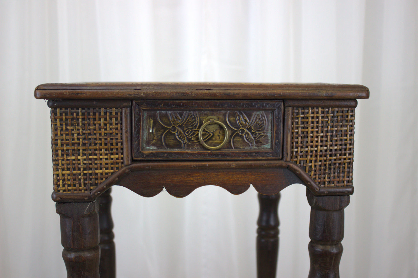 Vintage Wicker Side Table with Brass Decorative Plate – 15" Tall, 13" Wide