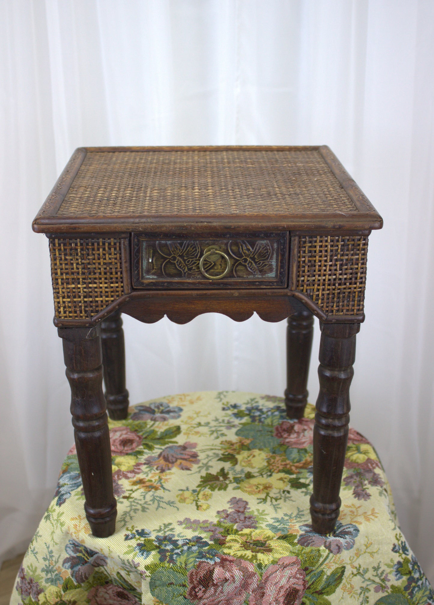 Vintage Wicker Side Table with Brass Decorative Plate – 15" Tall, 13" Wide