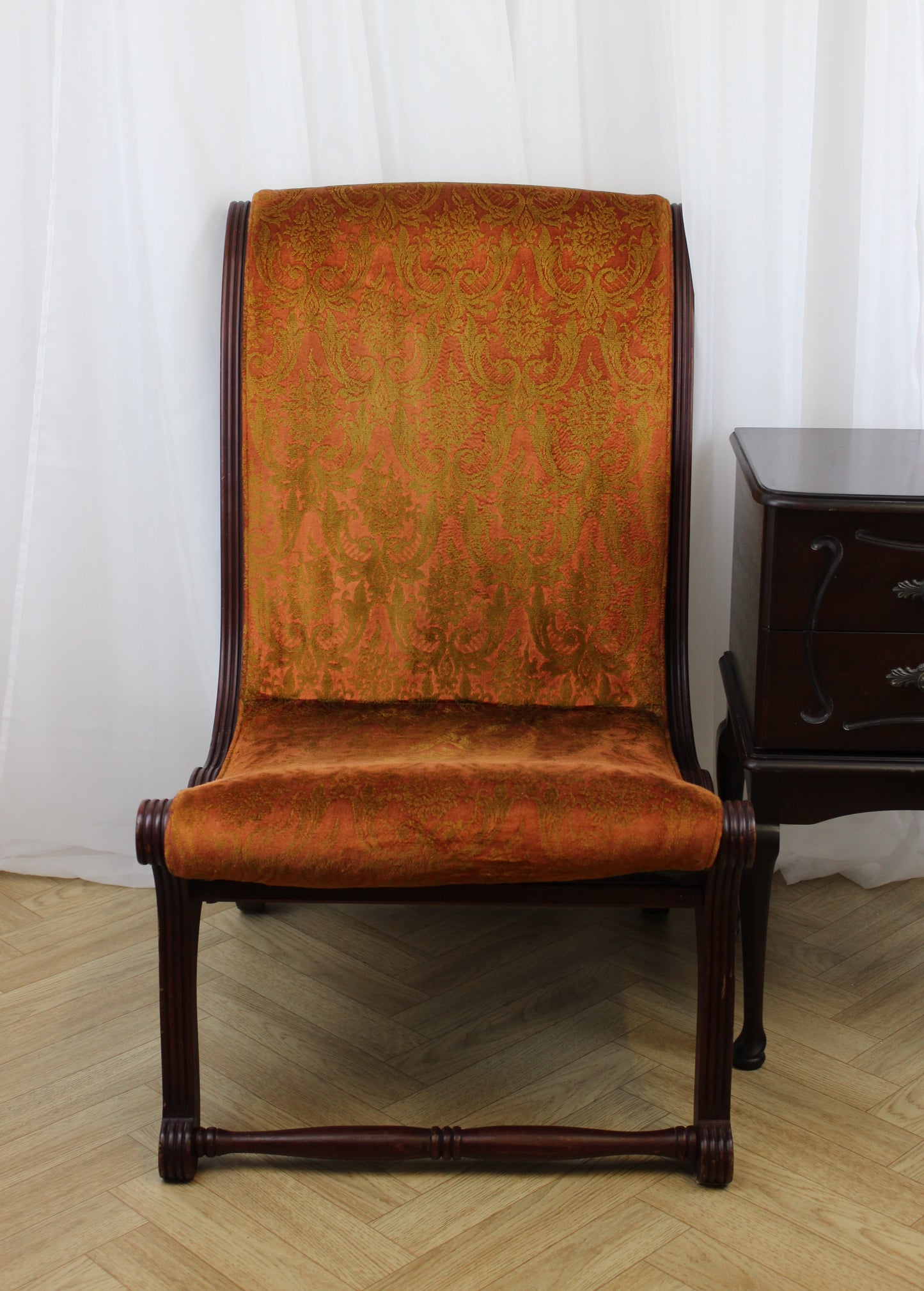 Antique Upholstered Slipper Chair with Ornate Design