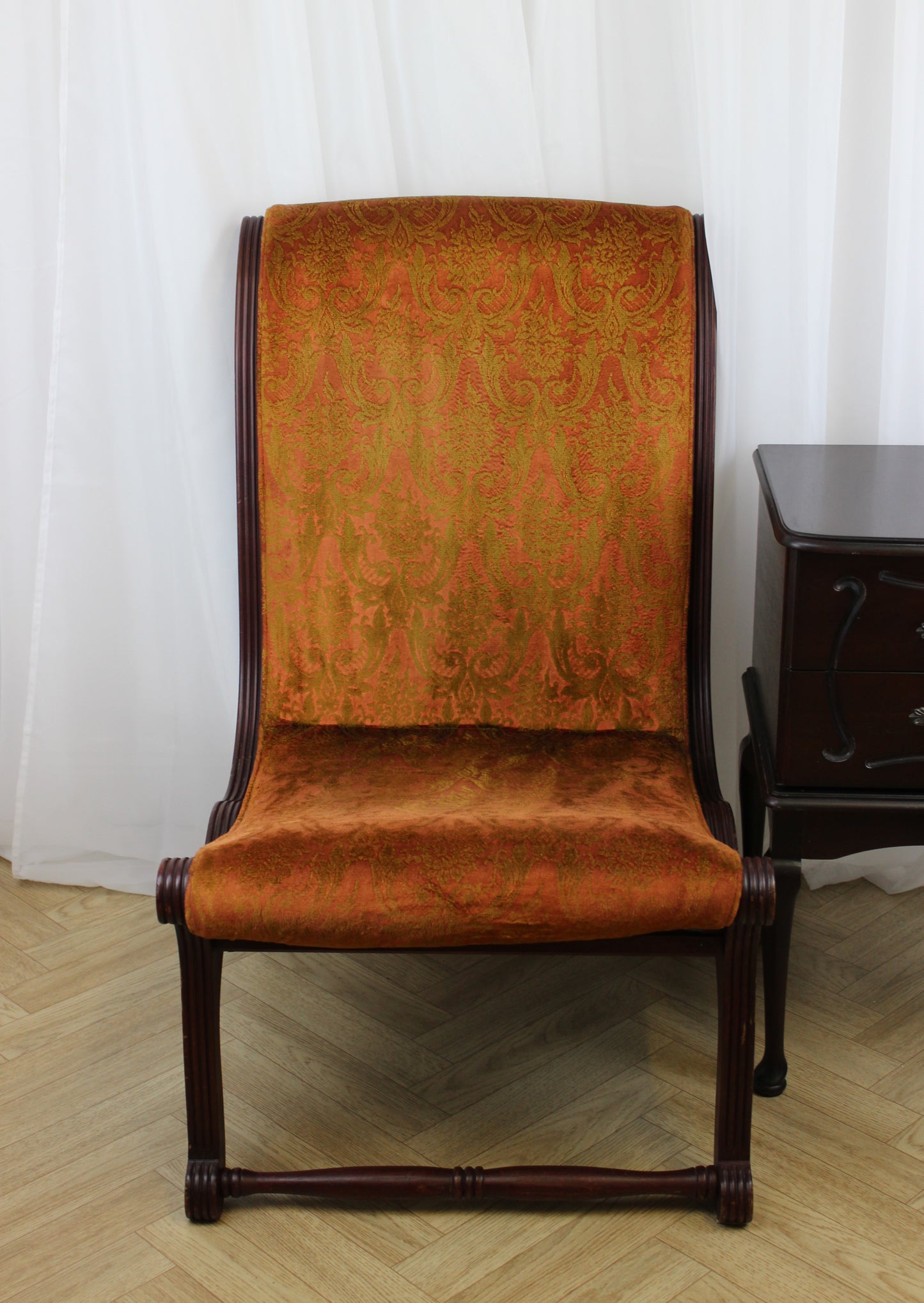 Antique Upholstered Slipper Chair with Ornate Design