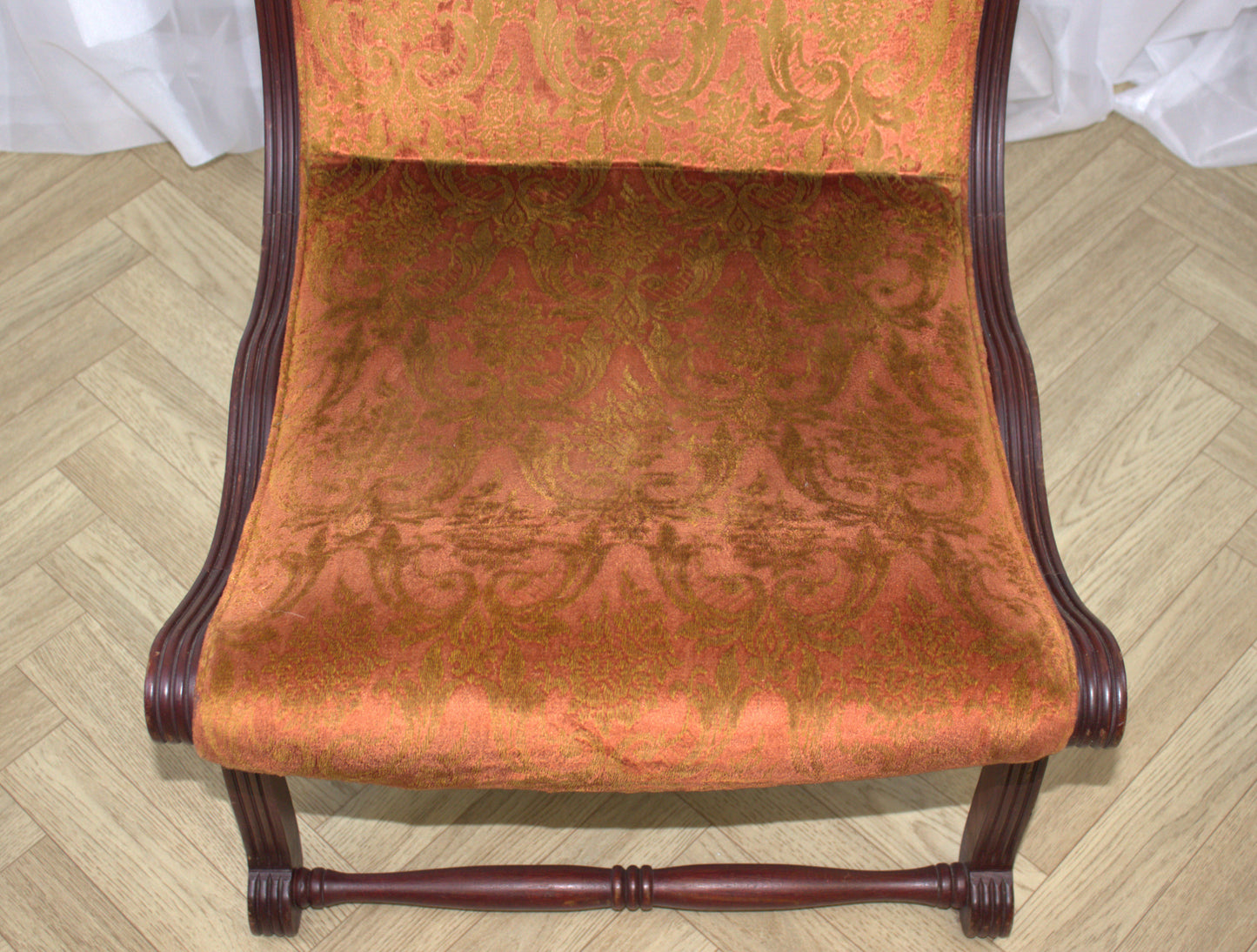 Antique Upholstered Slipper Chair with Ornate Design