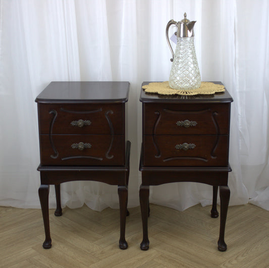 Elegant Pair of Solid Wood Queen Anne Style Bedside Lockers