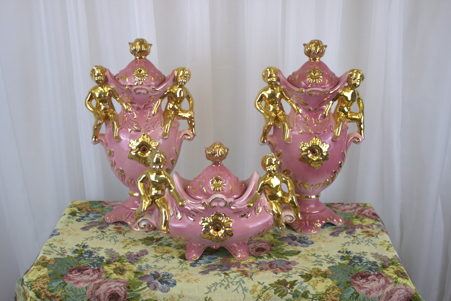 Vintage Italian Pink & Gold Cherub Ceramic Set – A Wedding Gift of Good Luck!