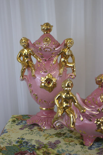 Vintage Italian Pink & Gold Cherub Ceramic Set – A Wedding Gift of Good Luck!