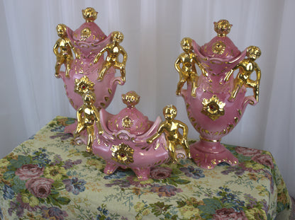 Vintage Italian Pink & Gold Cherub Ceramic Set – A Wedding Gift of Good Luck!