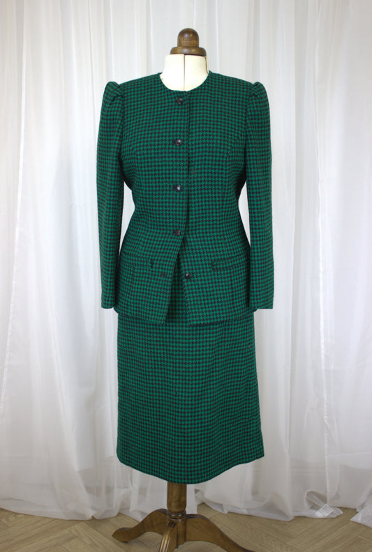 Vintage Windsmoor Wool Houndstooth Two-Piece Set – Green & Black, UK Size 12