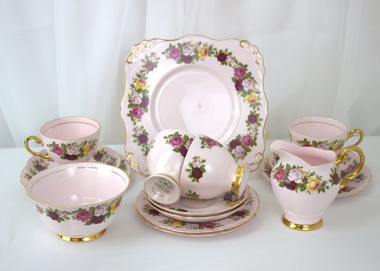 Royal Tuscan "Summertime" 15-Piece Tea Set – Pink with Gold Trim and Floral Pattern