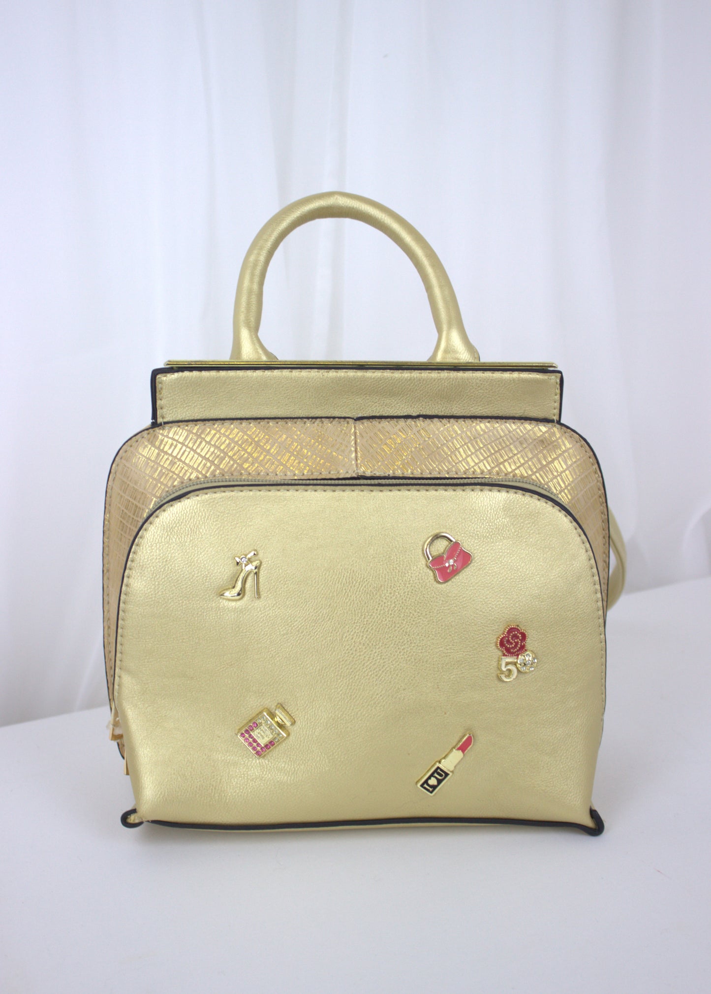 Retro Gold Mini Handbag with Iconic Charm Accents