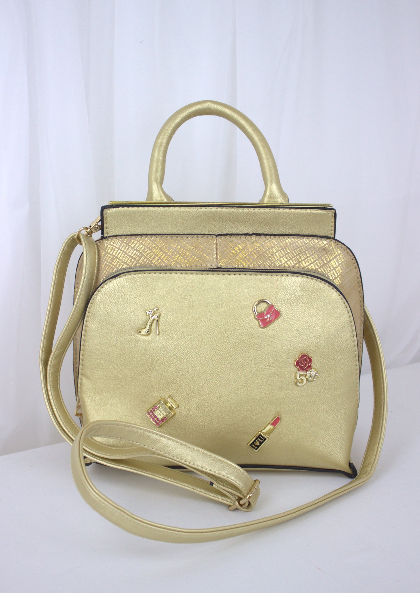 Retro Gold Mini Handbag with Iconic Charm Accents