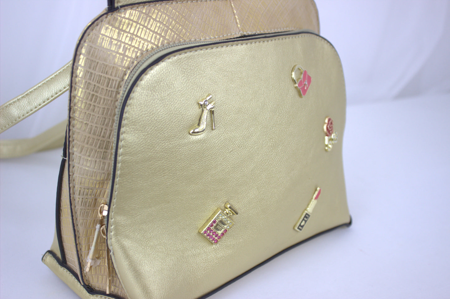 Retro Gold Mini Handbag with Iconic Charm Accents