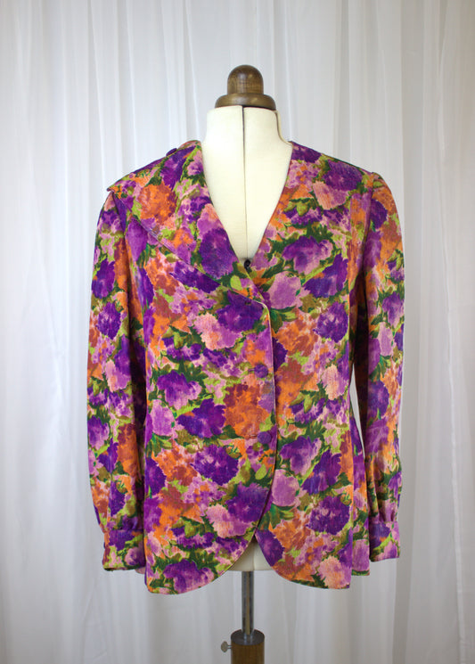 Vintage Floral Blazer with Unique Collar, Size 12-14