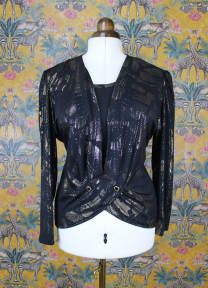 Elegant Black and Gold Vintage Draped Top - Size Large