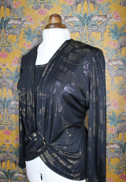 Elegant Black and Gold Vintage Draped Top - Size Large