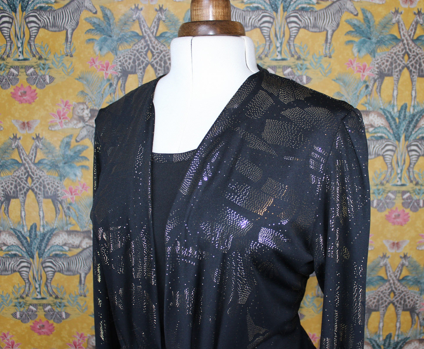 Elegant Black and Gold Vintage Draped Top - Size Large