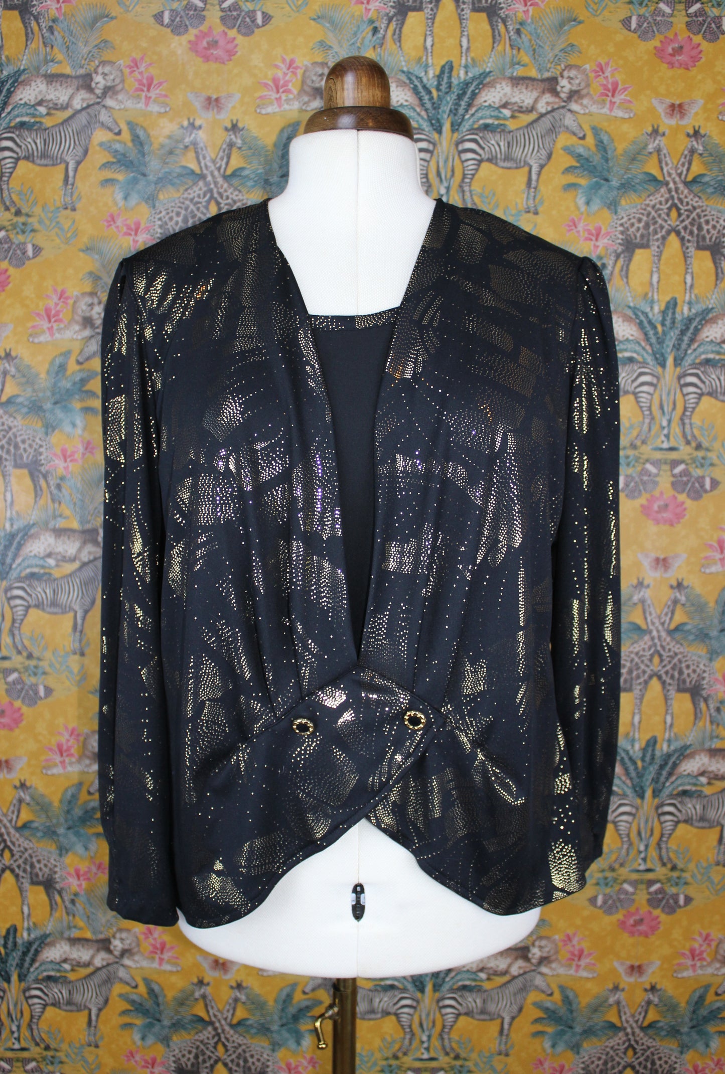 Elegant Black and Gold Vintage Draped Top - Size Large