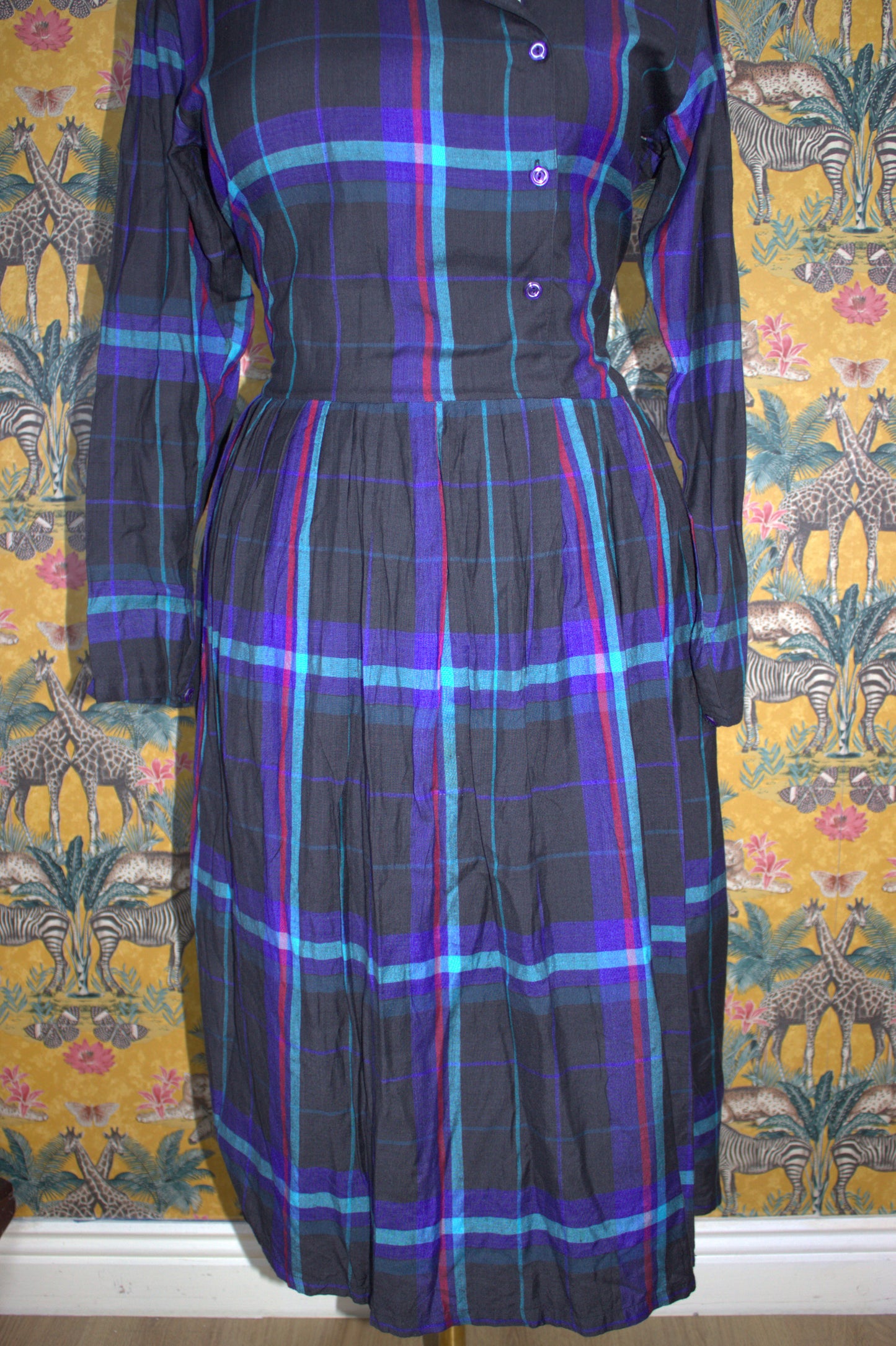 Asymmetrical Check Print Shirt Dress with Pockets - Size 12-14