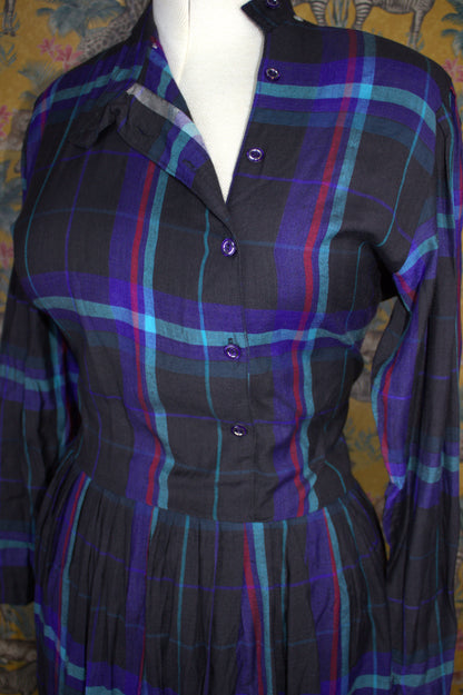 Asymmetrical Check Print Shirt Dress with Pockets - Size 12-14