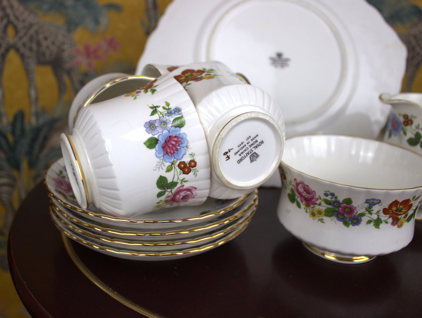 Royal Stafford Vintage Bone China Tea Set – Floral Elegance with Gold Trim - 11 pieces